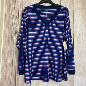 St. Johns Bay Womens Blue Striped Waffle Knit V Neck Blouse Size 2X Casual NWT